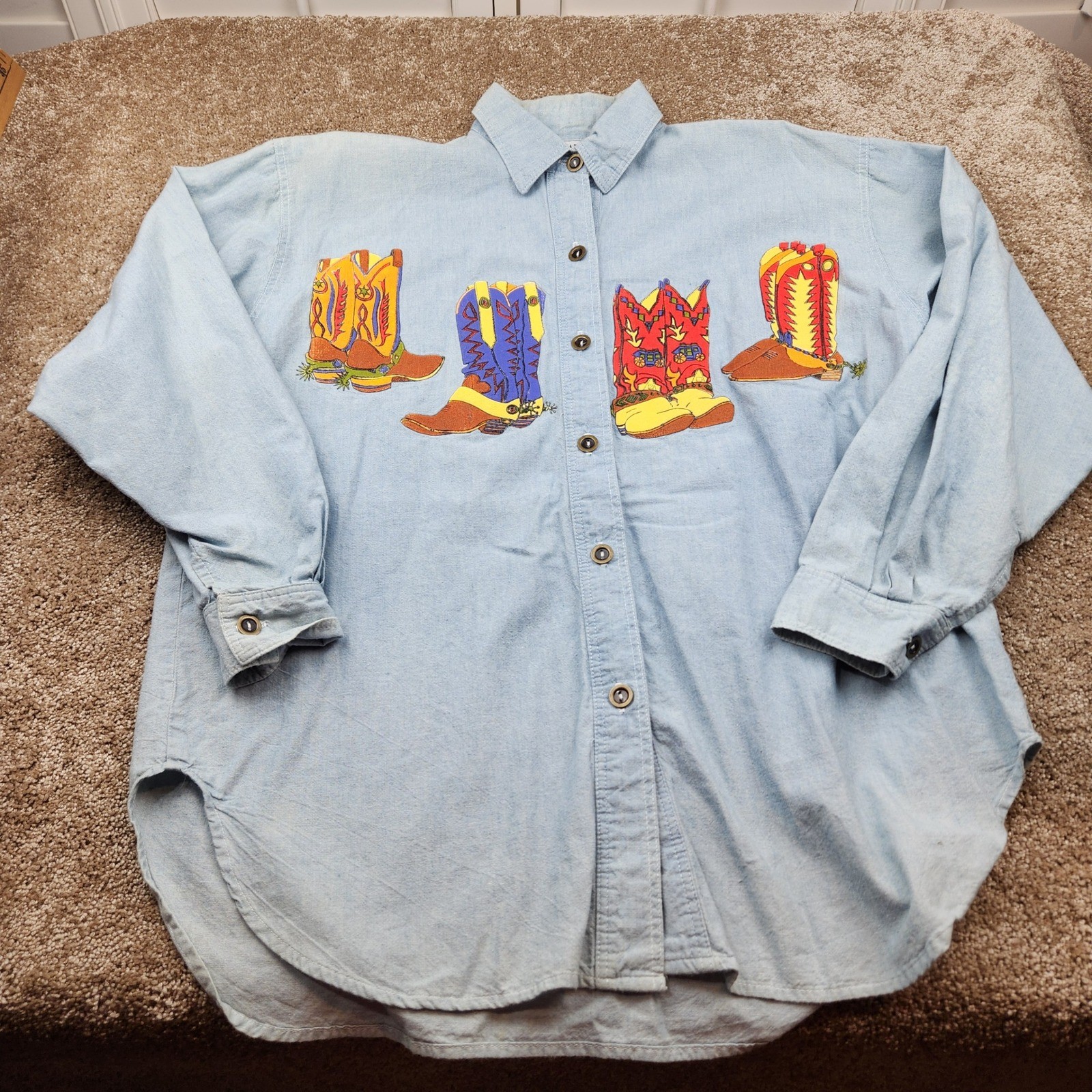 Moda Nadina Vintage Western Cowboy Boot Embroidered Rayon Shirt Blue One Size