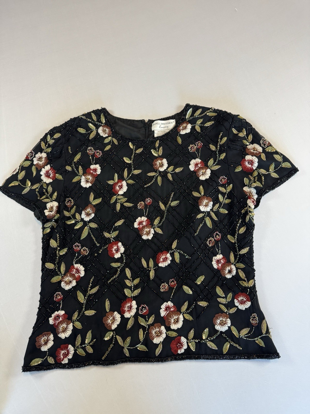 Vintage Papell Boutique Evening 100% Silk Beaded Embroidered Floral Top Black L