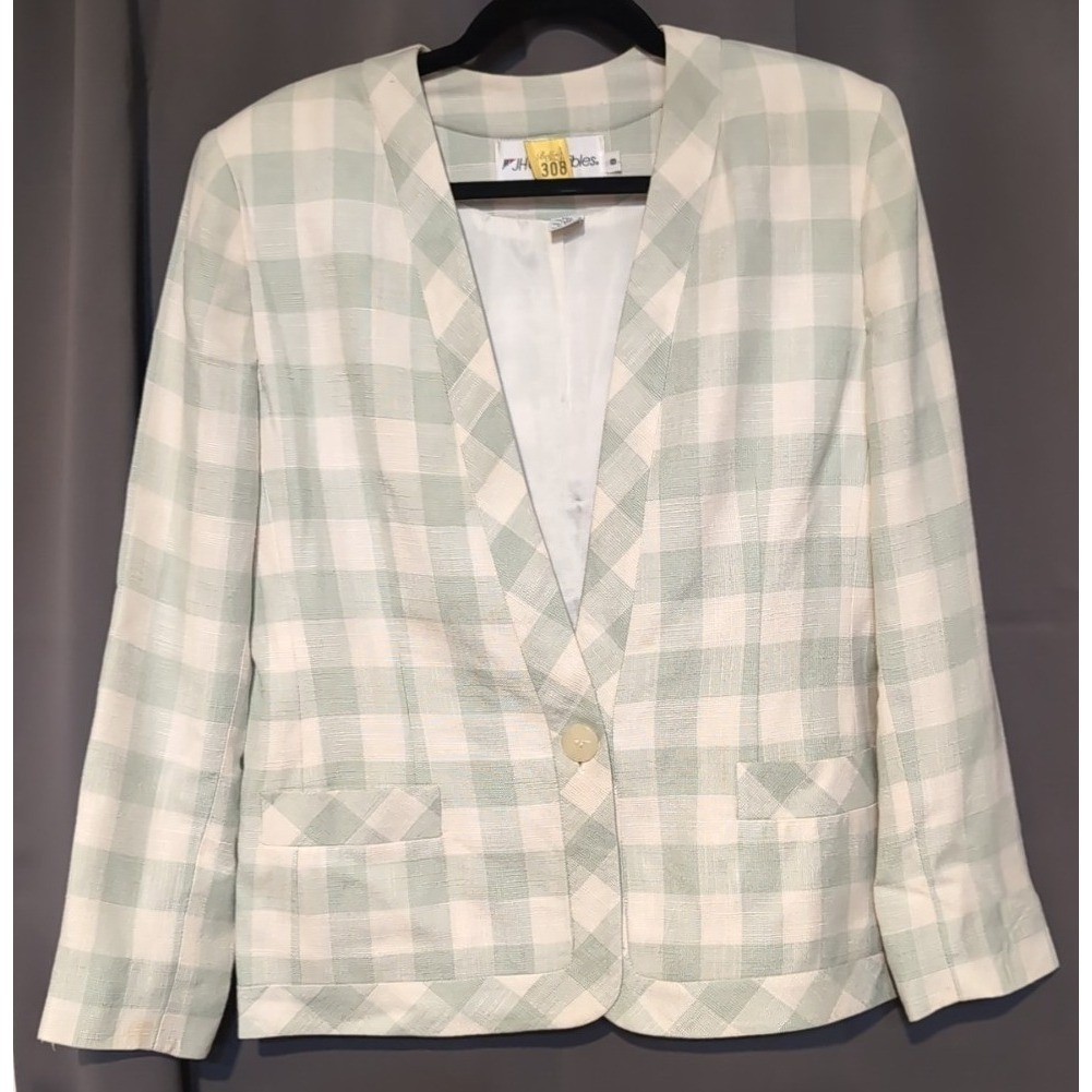 JH Collectibles Vintage Gingham Blazer Sage Green Plaid Collarless Jacket Size 8