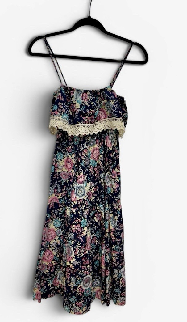 Vintage cottagecore prairie Dress Blue pink Sz 11 Floral Fairy Boho Coquette
