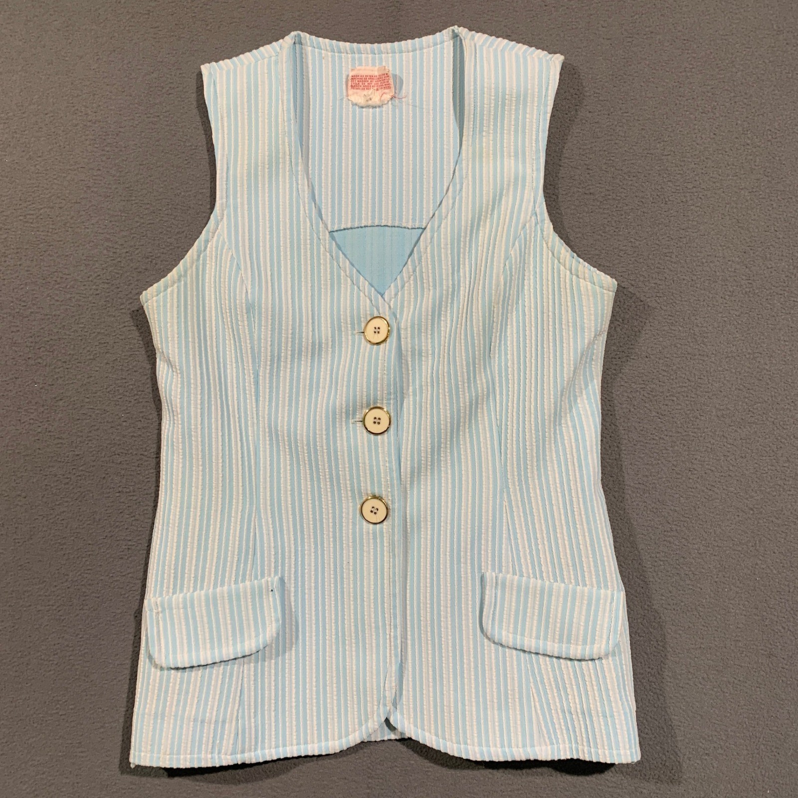 Perception Seersucker Vest Women Medium Blue White Striped Coastal Grandma Retro