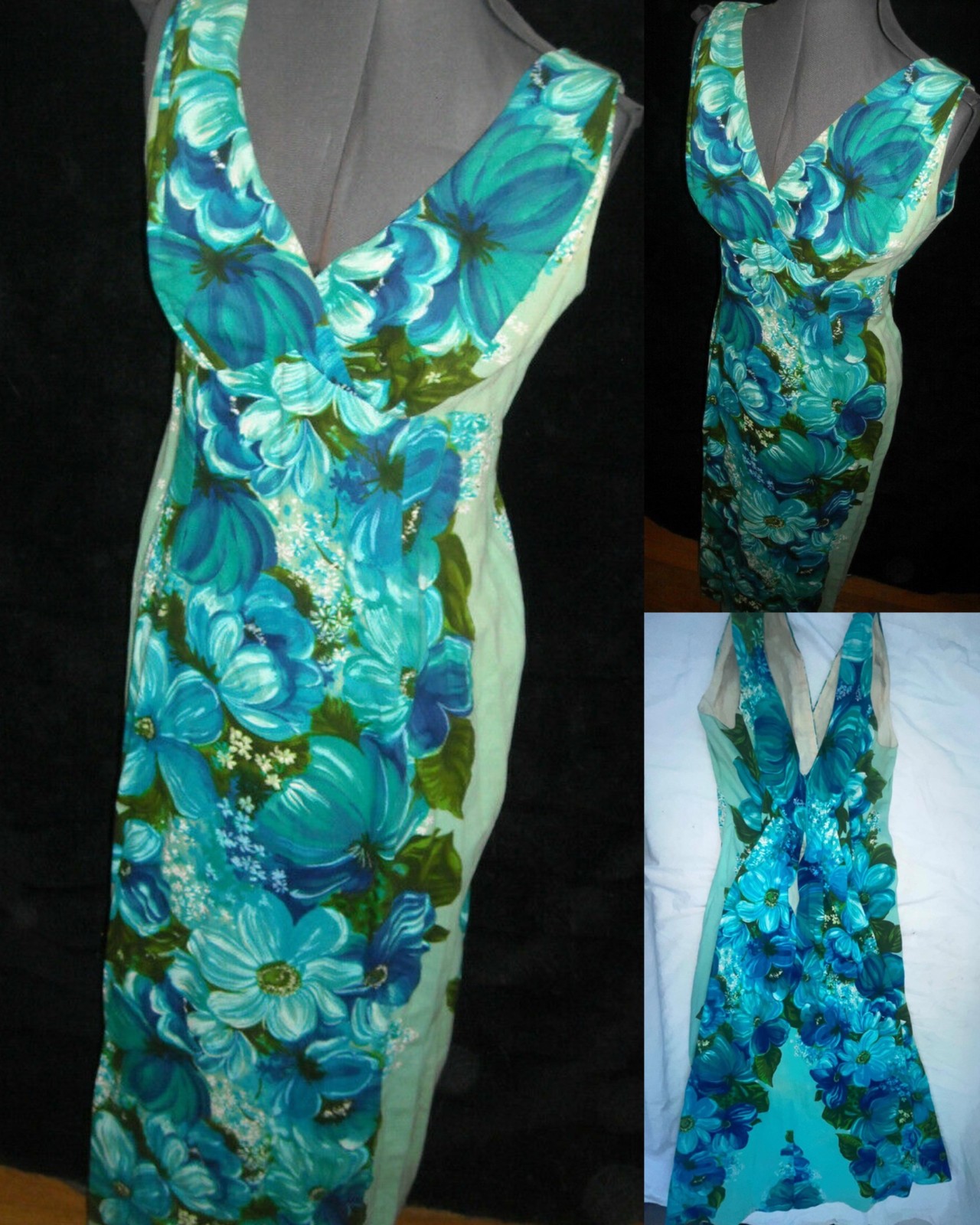 VTG 60S WOMENS SMALL ELSIE KRASSAS WAIKIKI HAWAIIAN PRINT BARKCLOTH FLOWER DRESS