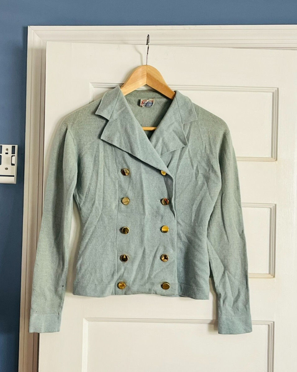 VTG KORRIGAN LESUR PARIS FRANCE WOMENS BLUE WOOL SWEATER BLAZER SZ 34 50S-60S