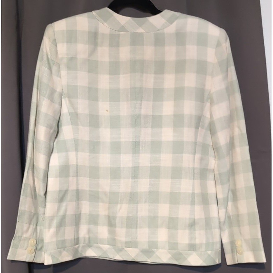JH Collectibles Vintage Gingham Blazer Sage Green Plaid Collarless Jacket Size 8