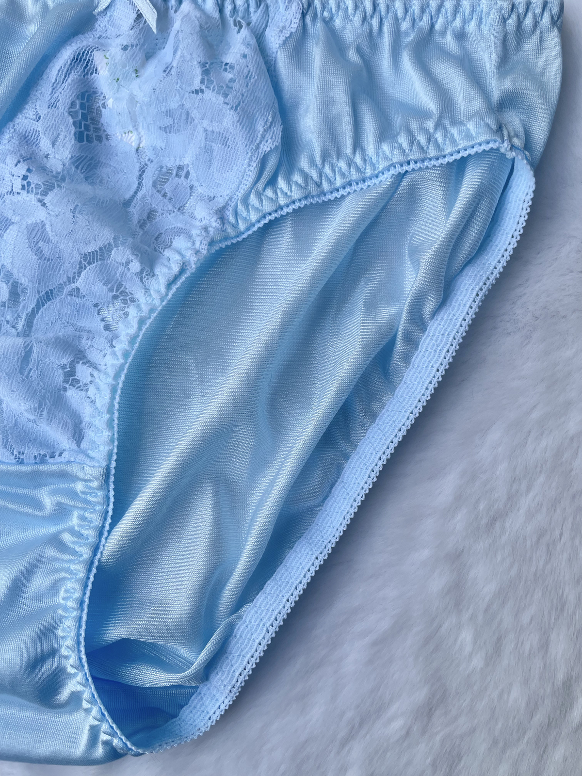 Vintage Baby Blue Nylon Panties Sheer Floral Lace Bikini Slippery Briefs SZ.7-8