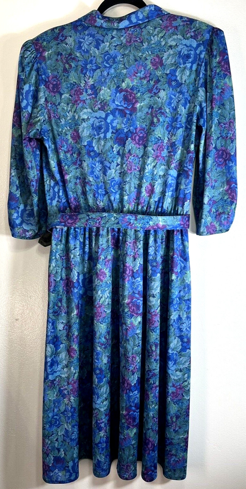 Vtg Shirtwaist Dress w Belt Floral Blue SZ 16 Tabby USA Modest 60s 70s 80s