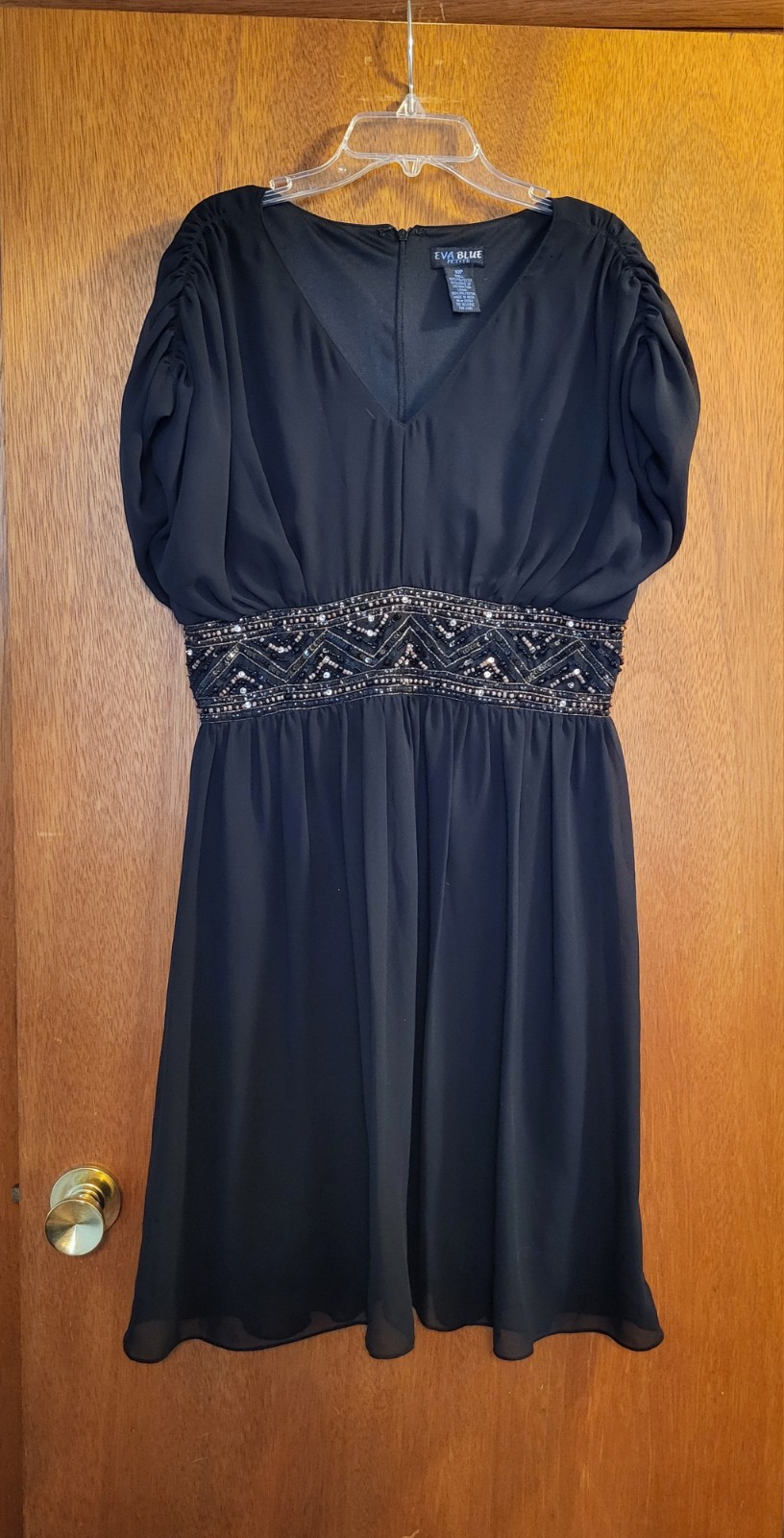Vintage Eva Blue Dress Black Chiffon Lined Embellished Waist Petite Sz 10