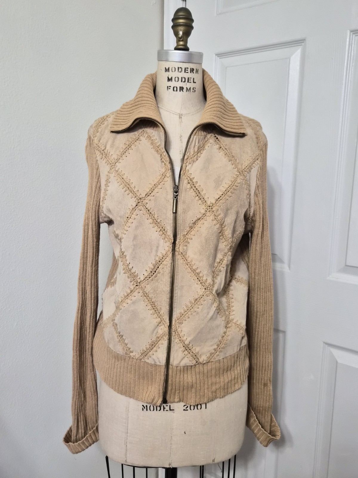 Vtg Patchwork Suede Crochet Knit Beige Neutral Light S/M Jacket Rem Garson Boho