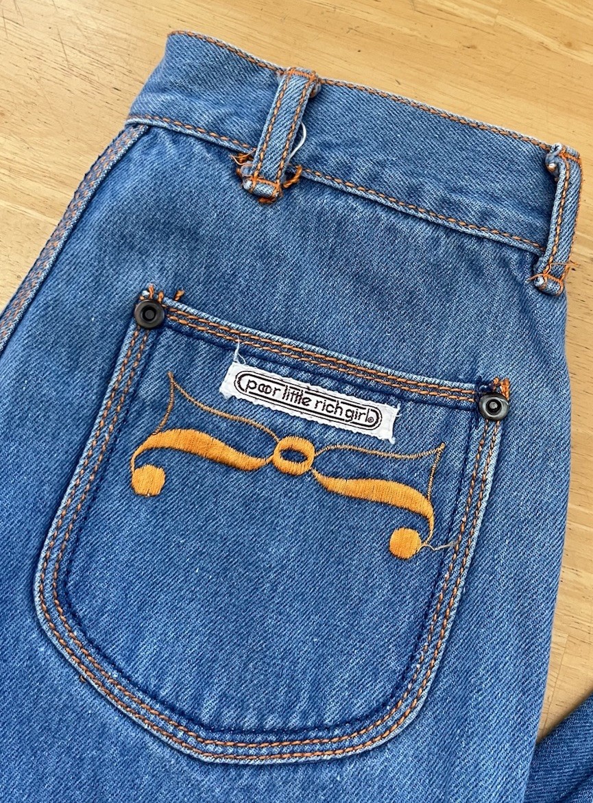 1970s Poor Little Rich Girl Jeans | 24” Waist x 33” | Vintage Flared Bells RARE!