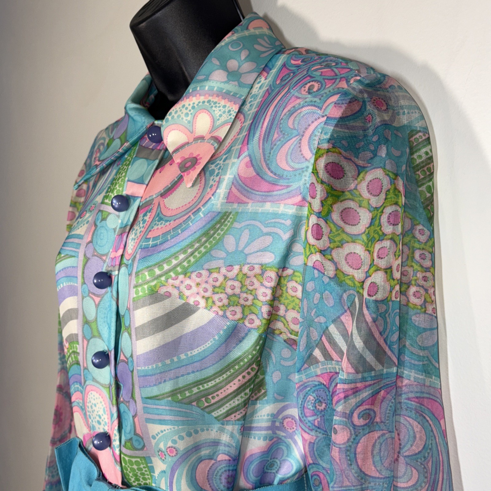 Nardiello Rona 14 shirt Dress Vtg 1960s 70s Colorful Floral Mod Silk midi blue