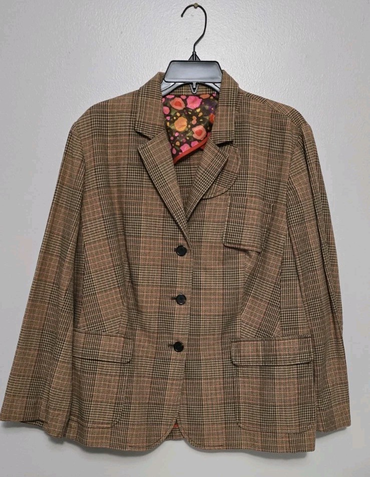 Liz Claiborne Blazer Womens 14W Plaid Beige Red Brown Preppy Business Academia