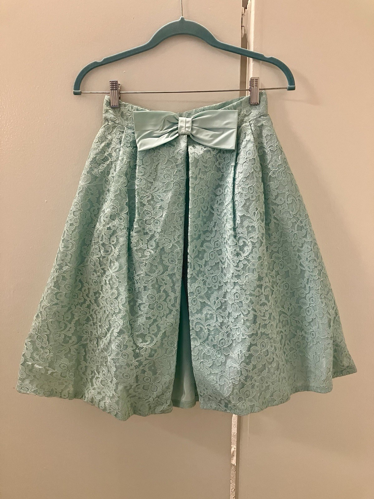 Vintage 50s 60s Teen Womens Aqua Blue Green Lace Satin Bow Over Skirt XS S