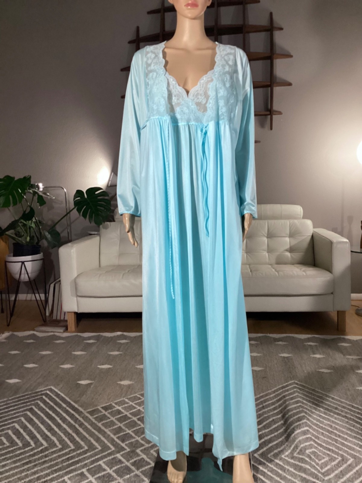 Vintage 60s Gilead Aqua Blue Nylon & Lace Peignoir Nightgown & Robe Set Sz Small