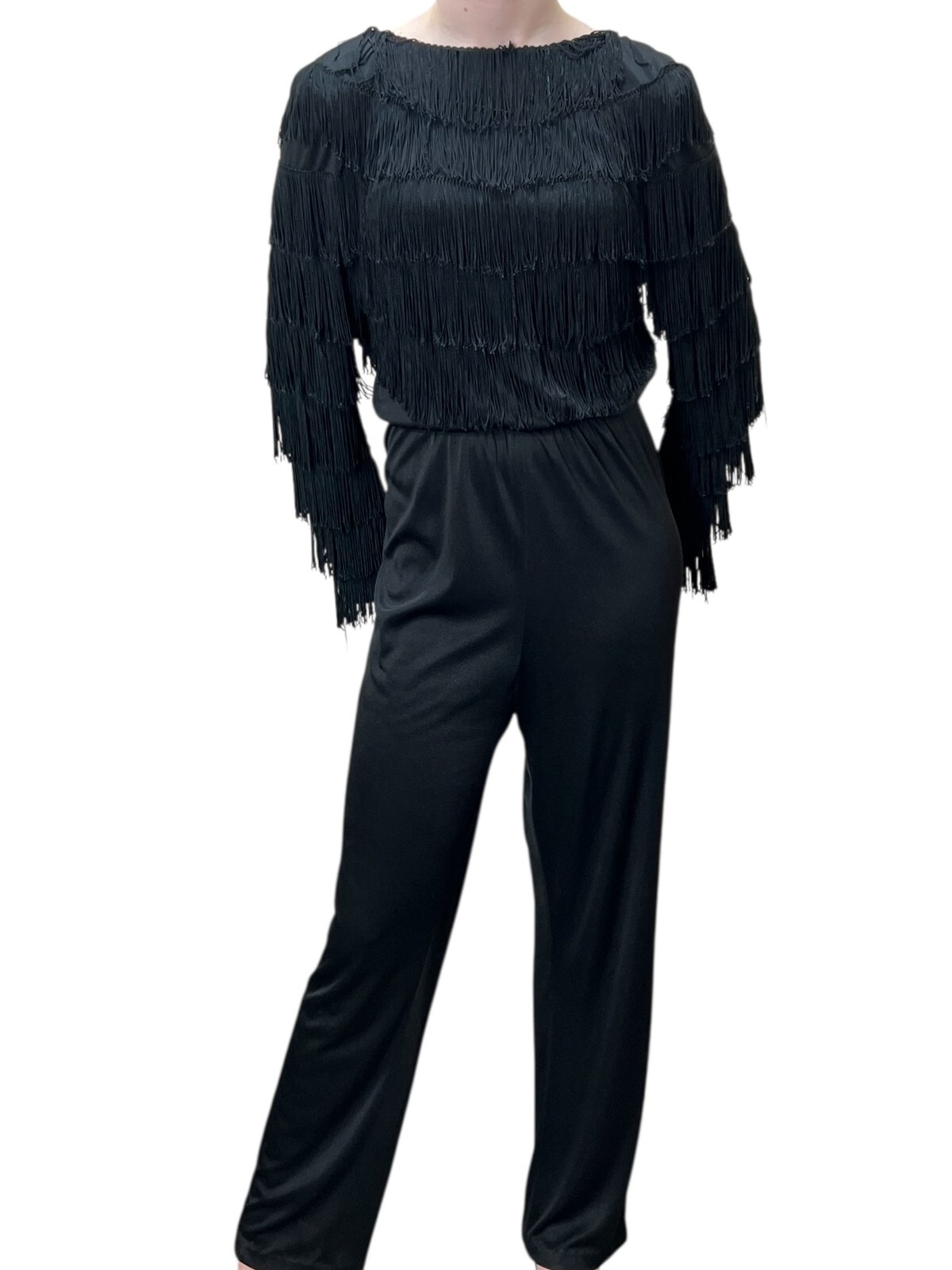 Vtg 70s Sz M~L Jumpsuit Black Fringed Clubbing Disco Playsuit Joy Stevens CA