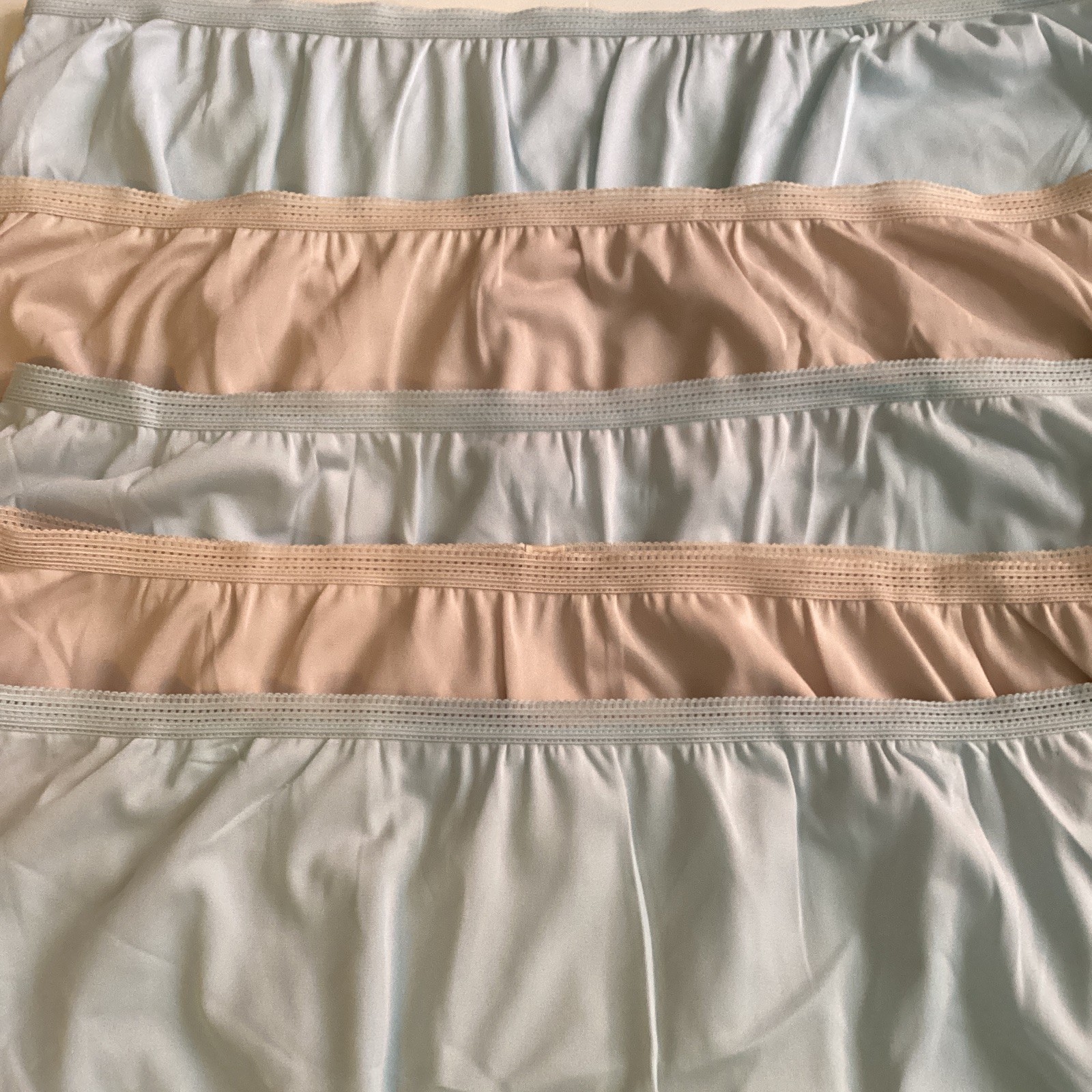 NOS 5 Pair Sears Granny Panties 12 Hips 53-56 Shiny Cotton Gusset Blue & Beige