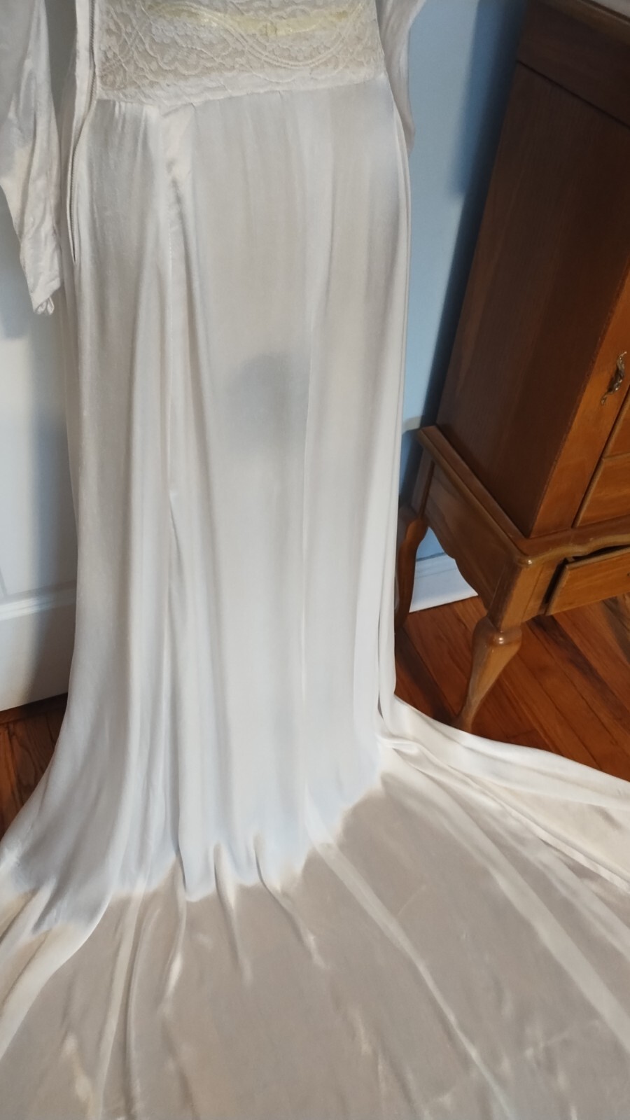 Vintage late 30’s early 40’s white liquid satin wedding gown/train, XS S US 4/6