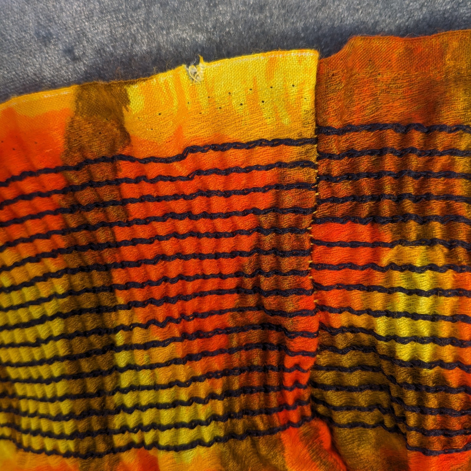 Vintage 70s Hawaiian Strapless Maxi Dress M ILGWU Neon Abstract Tiki Smocked