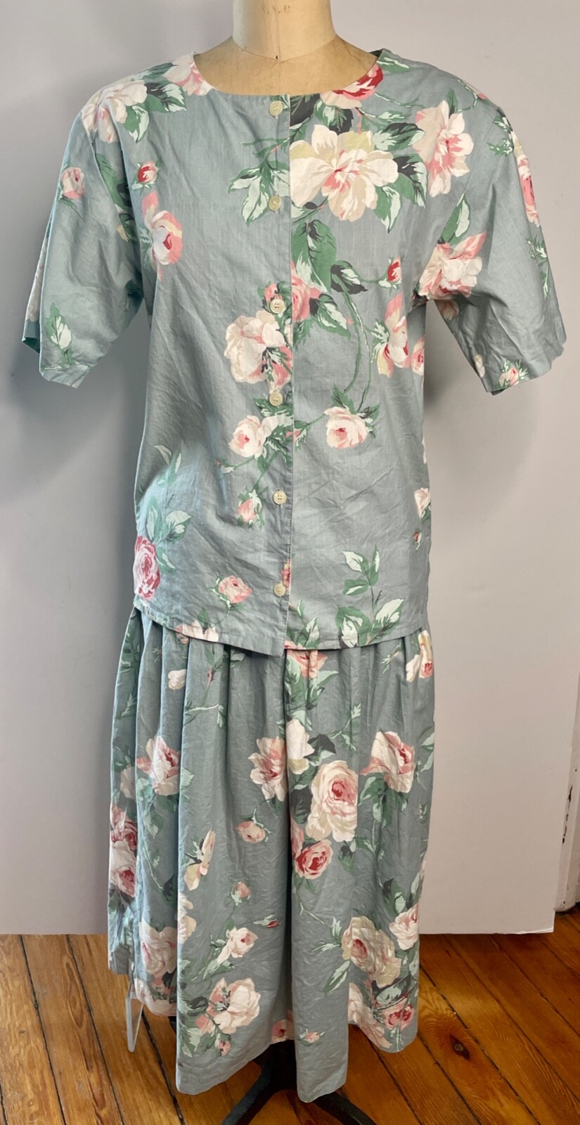 VTG 80’S LEE WINTER*BLUE PINK TEA STYLE FLORAL PRINT 2PC TOP&PLEATED SKIRT*6 S