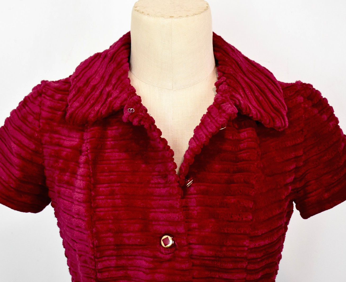 Mod 60s VTG. Corduroy Mini Dress XS-S SP Wide Whale Chunky Cranberry Red
