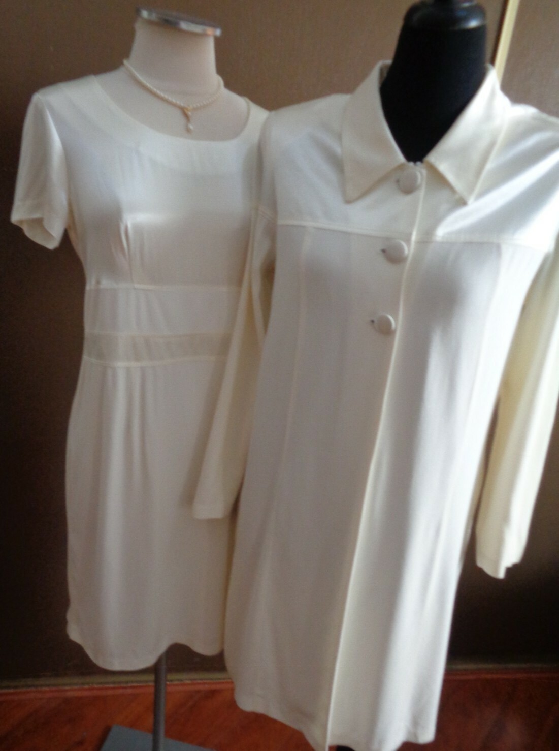 Vintage Cream Satin Two Piece Dress and Coat Designed  by OutLook Size 8 1960’s