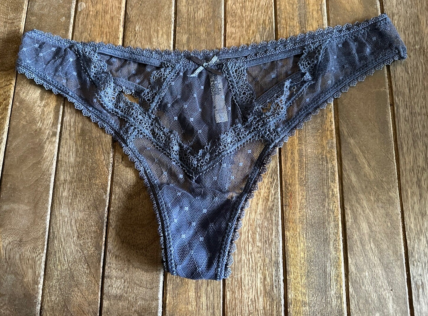 Vtg Charlotte Russe M/L Sheer Lace Blue/Gray Bikini Thomg Panties Panty