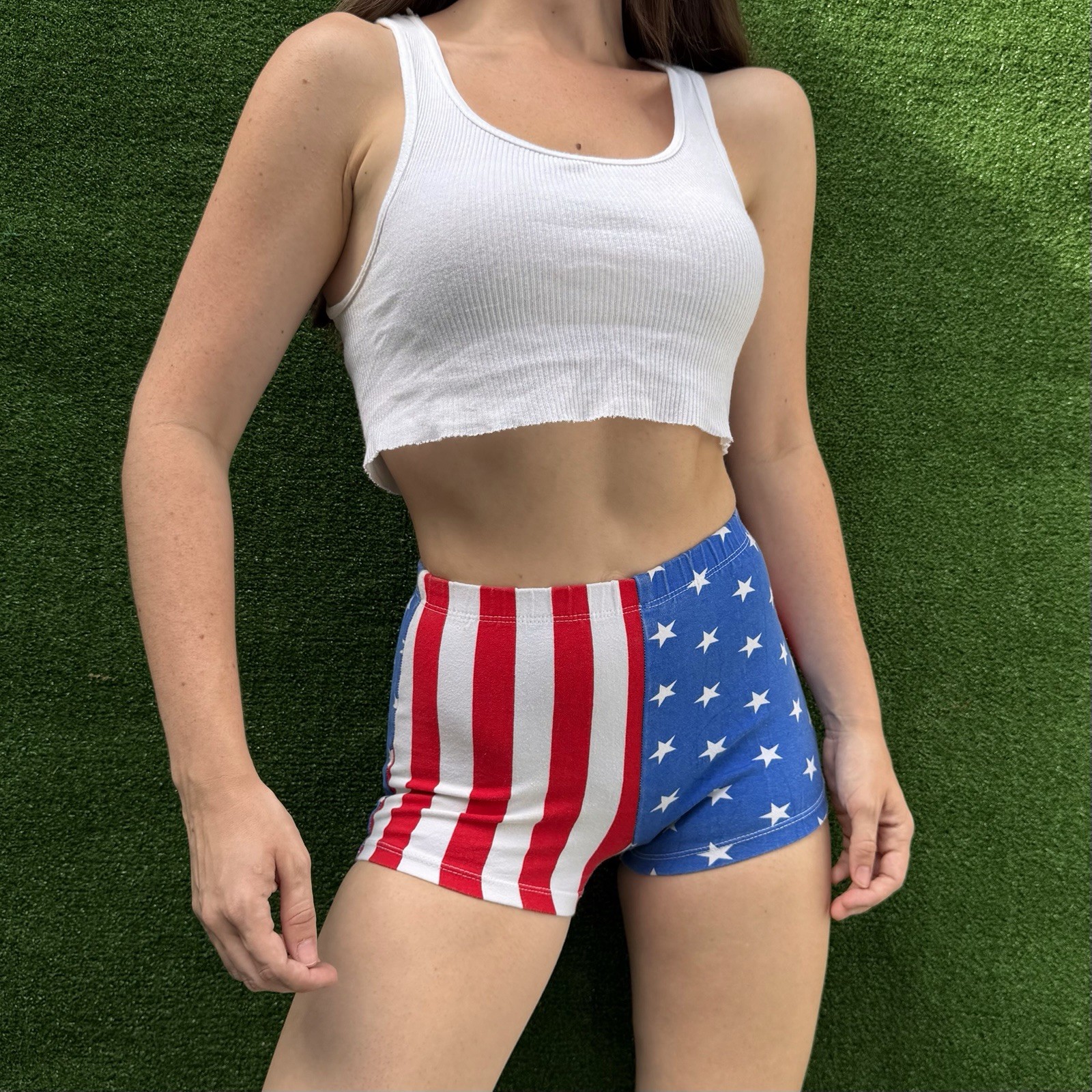 Vintage 90s Fredrick’s Of Hollywood USA Flag hot pants booty shorts sz S Stretch
