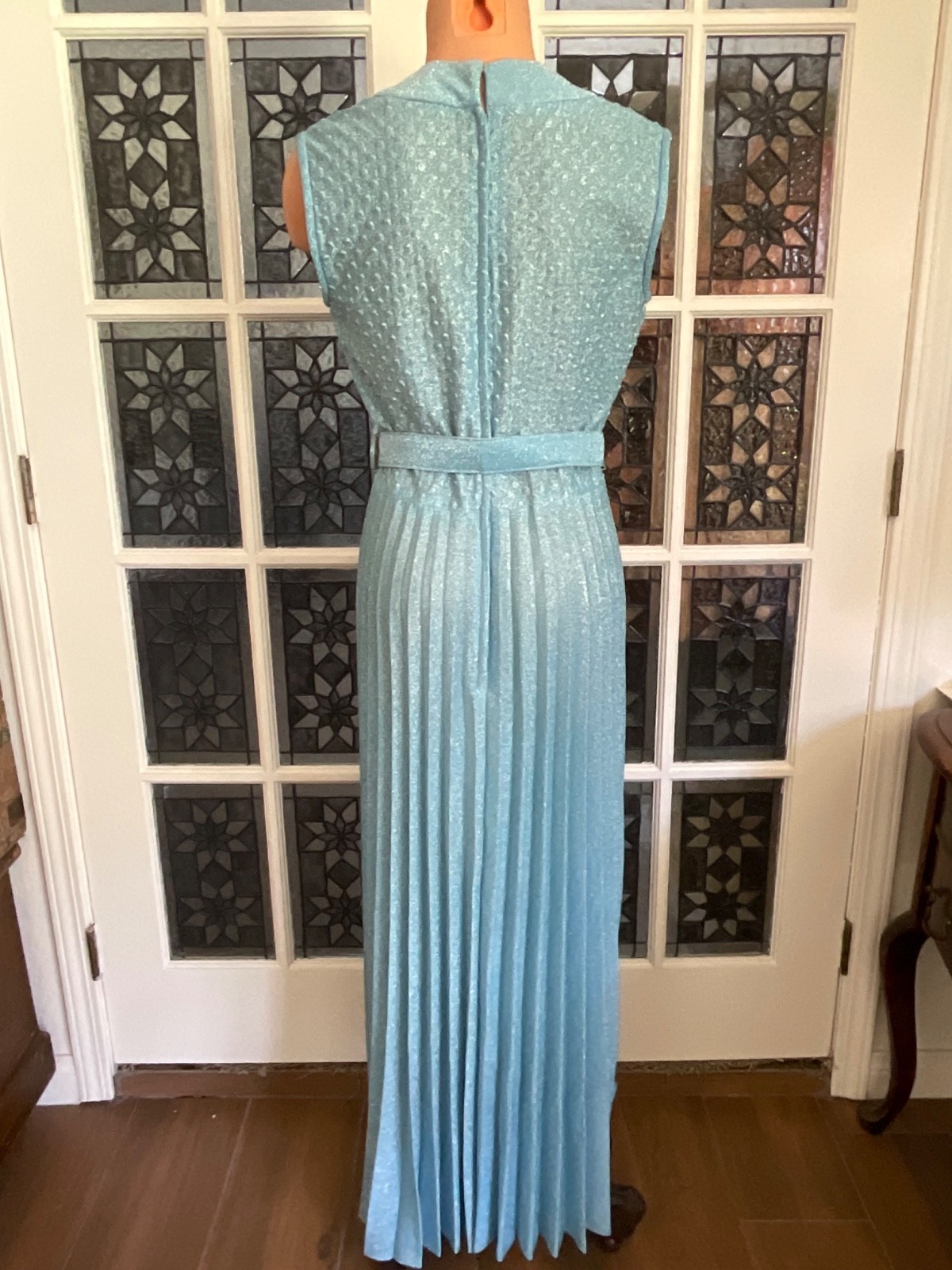 Vintage 1960s Blue Glittery Pleated Belted Maxi Dress with Matching Jacket Sz 14
