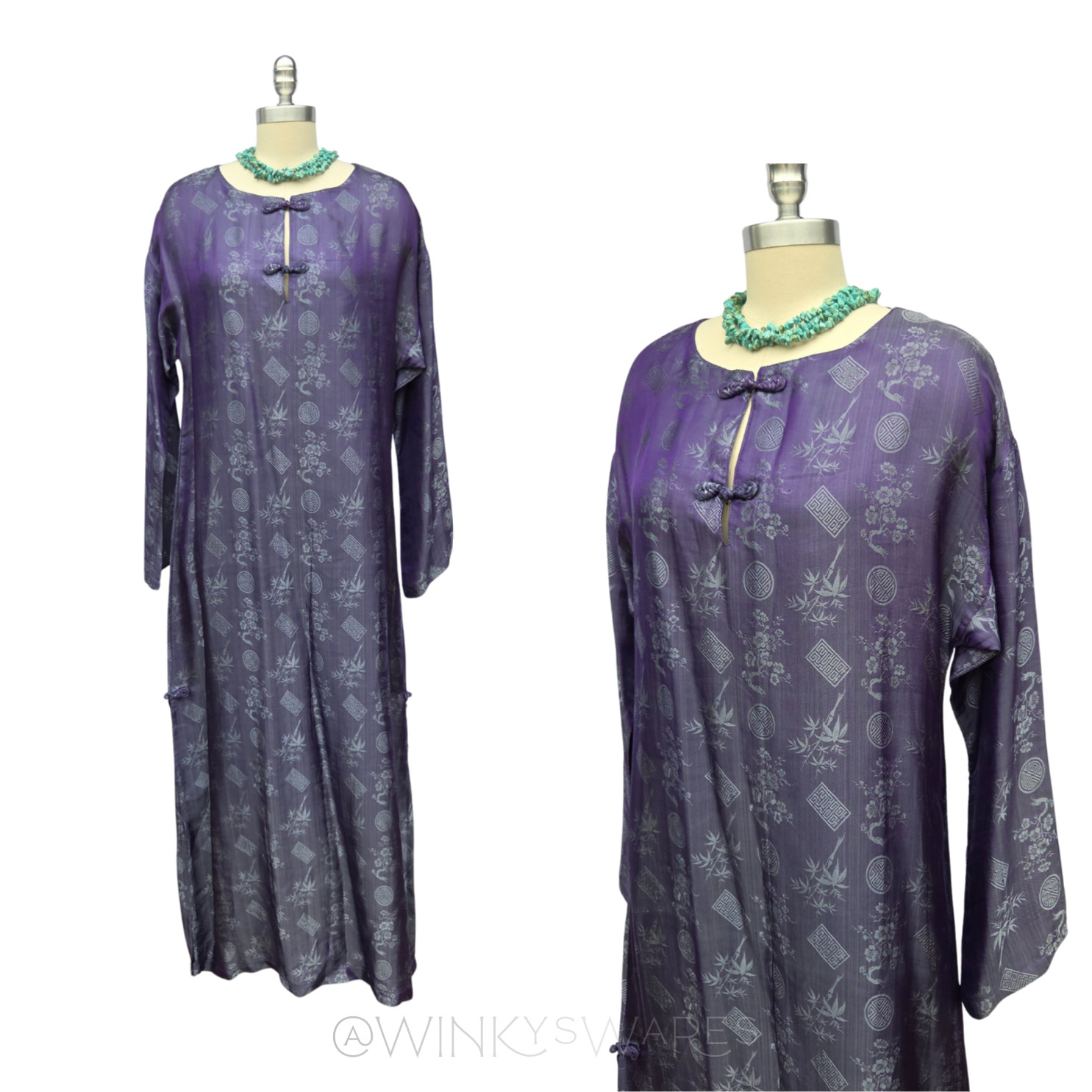 Vintage Blue Dragon Rita Stein Cheongsam Maxi Dress Size S Blue Silk Blend