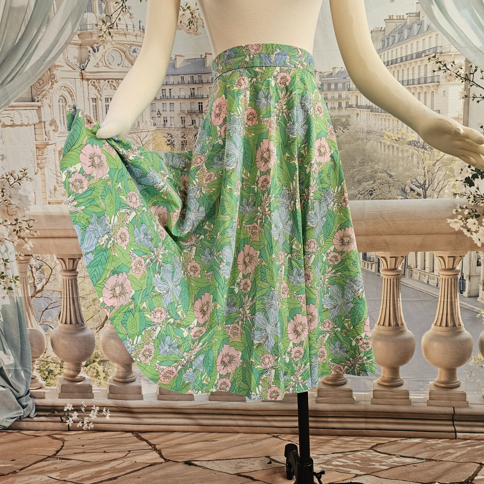 Vintage 1960’s Skirt Midi Skirt Green Pink Blue Floral Retro