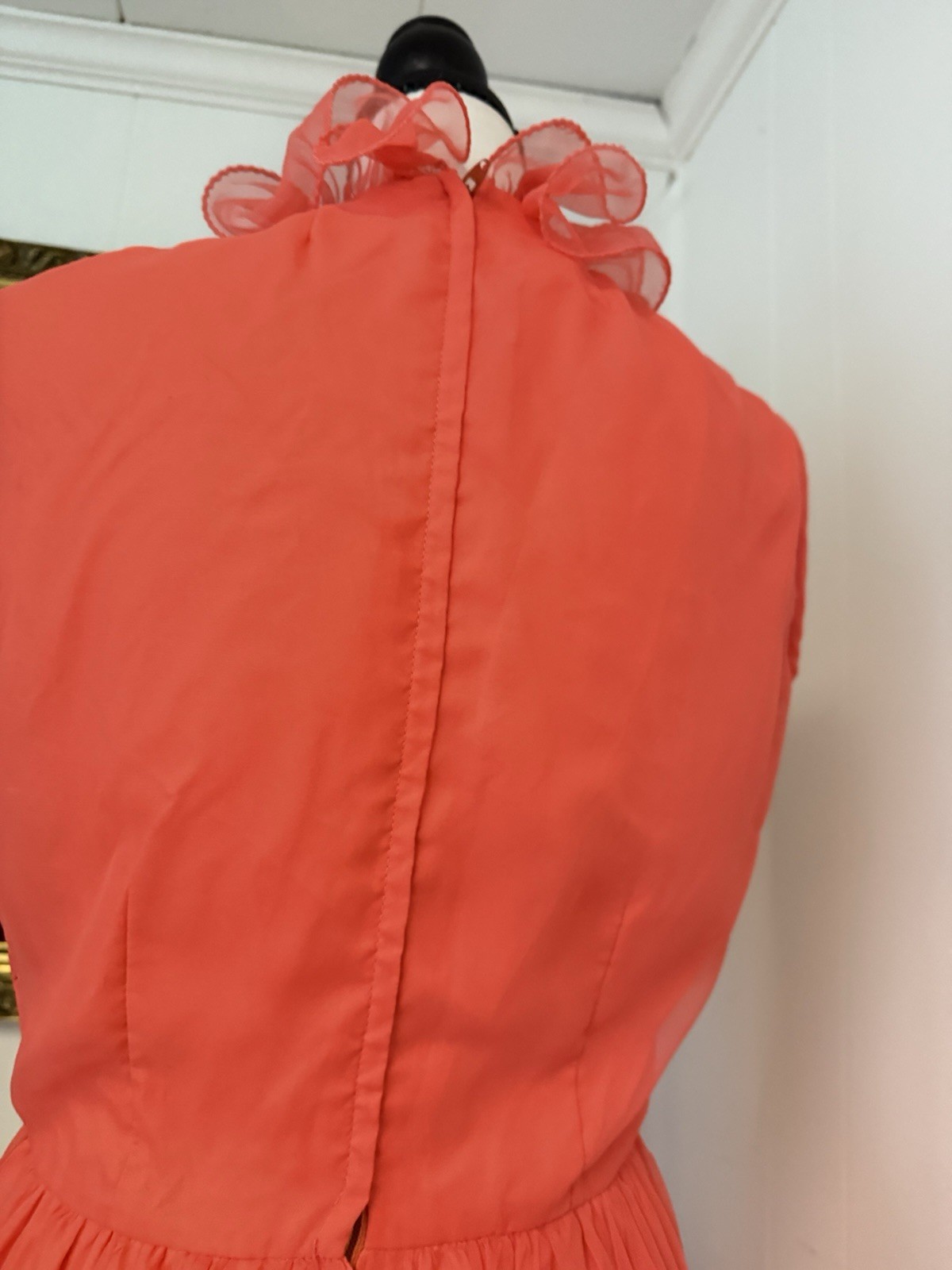 VTG Audrey Hepburn Coral Chiffon Ruffle Collar Dress, Breakfast at Tiffany’s, Sm