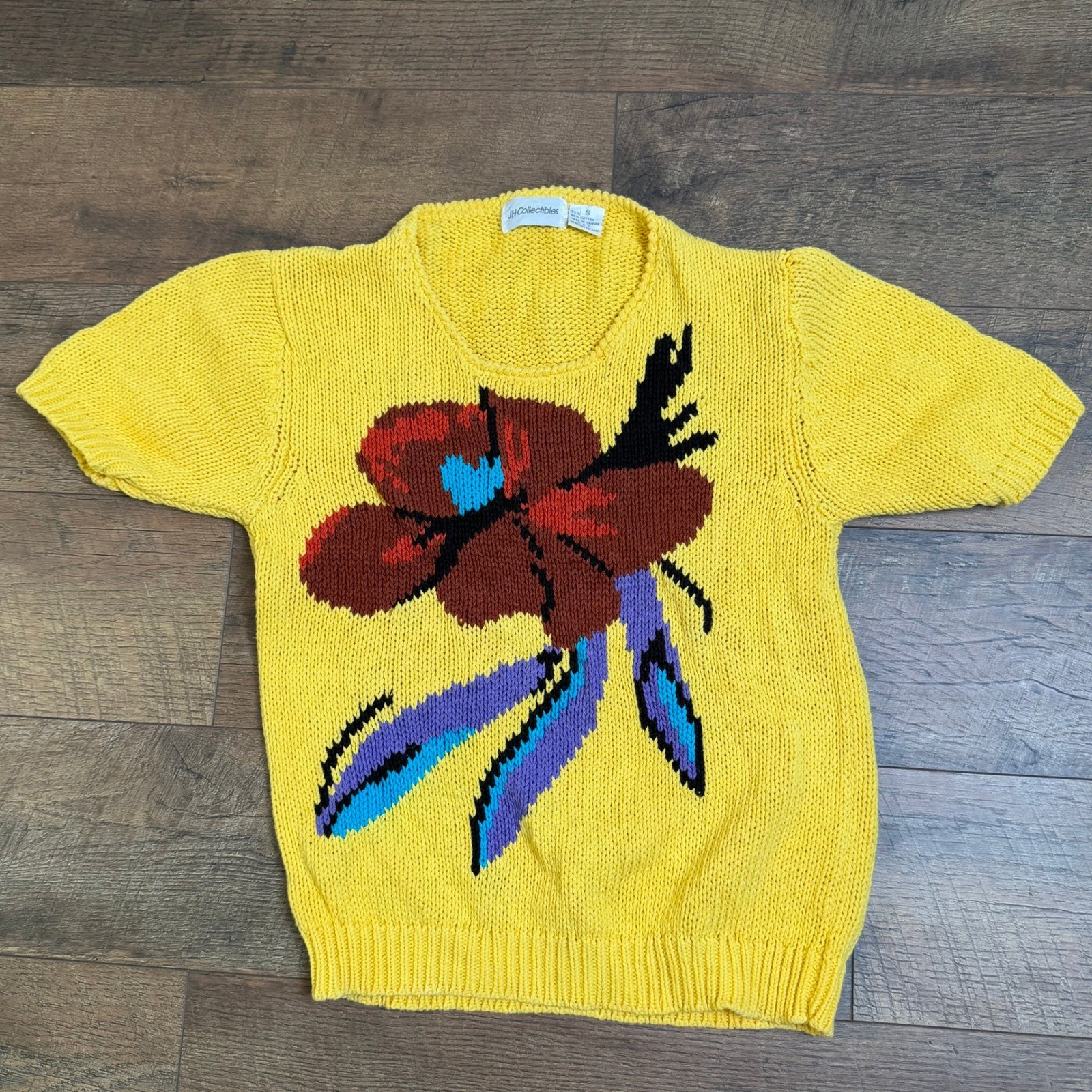 JH Collectibles Vintage Yellow Floral Short Sleeve Sweater Cotton Small