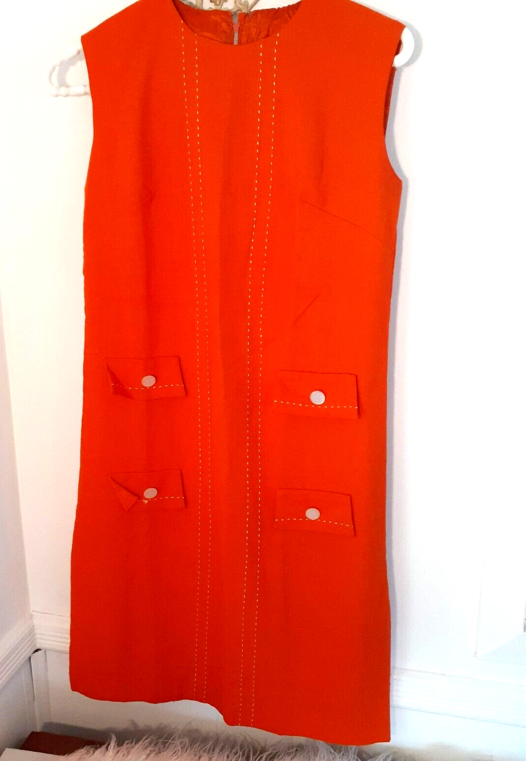 Vtg Shift Dress Womens SM Sleeveless Stitching Faux Pockets 1960s Gingham Girl