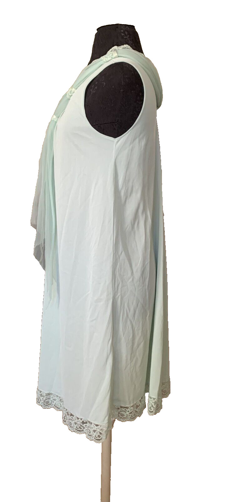 Vintage 1960s Mint Green Nylon Lace Chiffon Tie Elegant Classic Nightgown Sz S