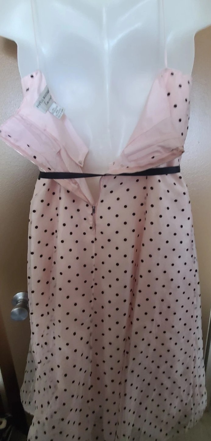 sz 14 Vintage 50s Rockabilly Pink Black Flocked Polka Dot Adrienne Papell fancy
