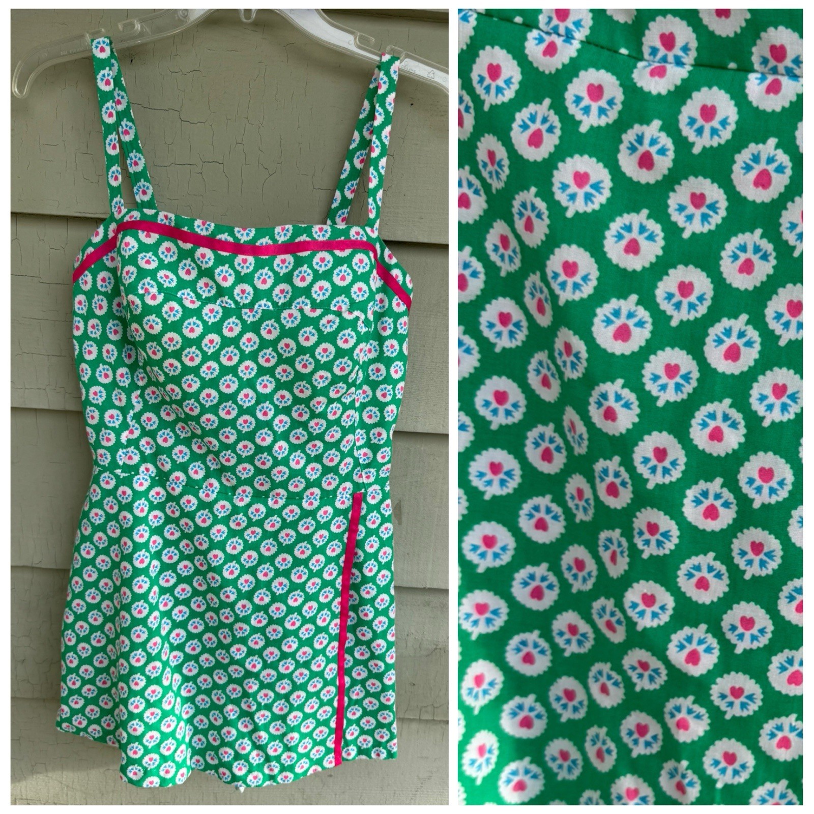 Vtg 80’s Gabar Romper Playsuit Green Hot Pink Heart Print Built In Bloomers S/M
