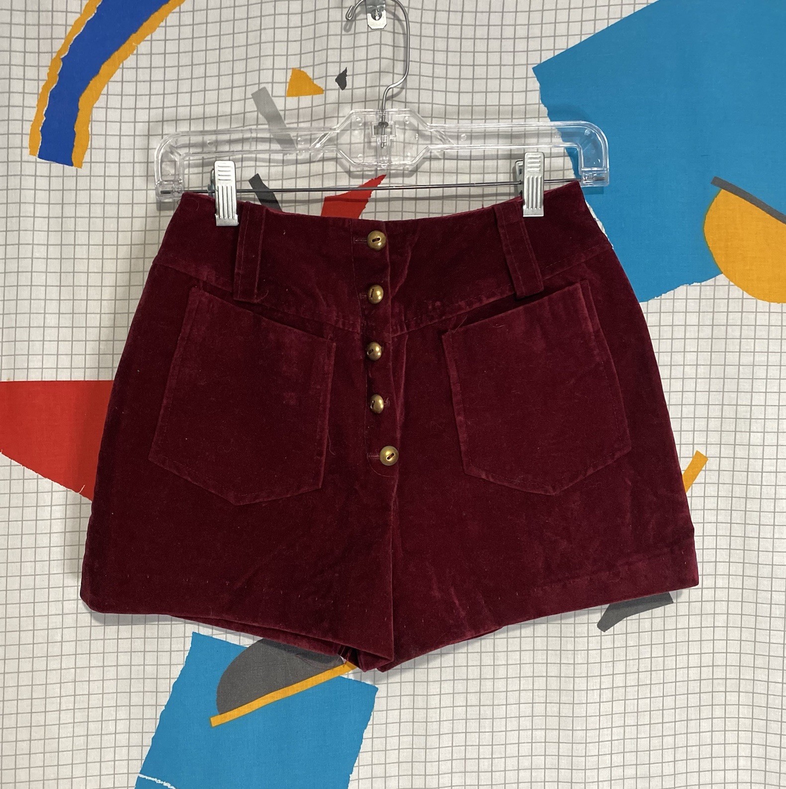 Vintage 60s 70s Velvet Shorts High Waist 25 Gold Buttons Disco Rockabilly Pin Up