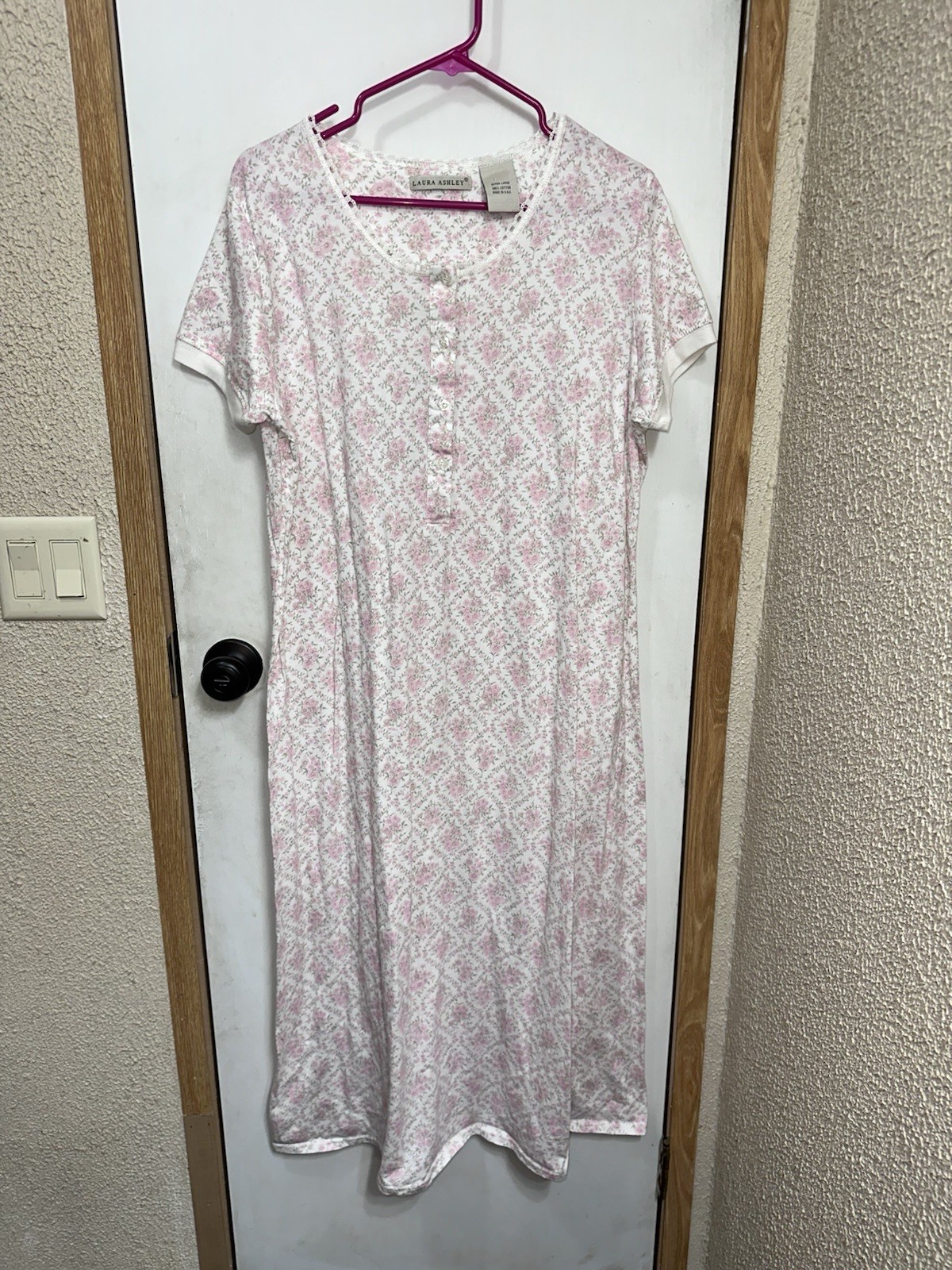 Laura Ashley Pink Floral Nightgown 100% Cotton Long 3/4 Button Short Sleeve XL
