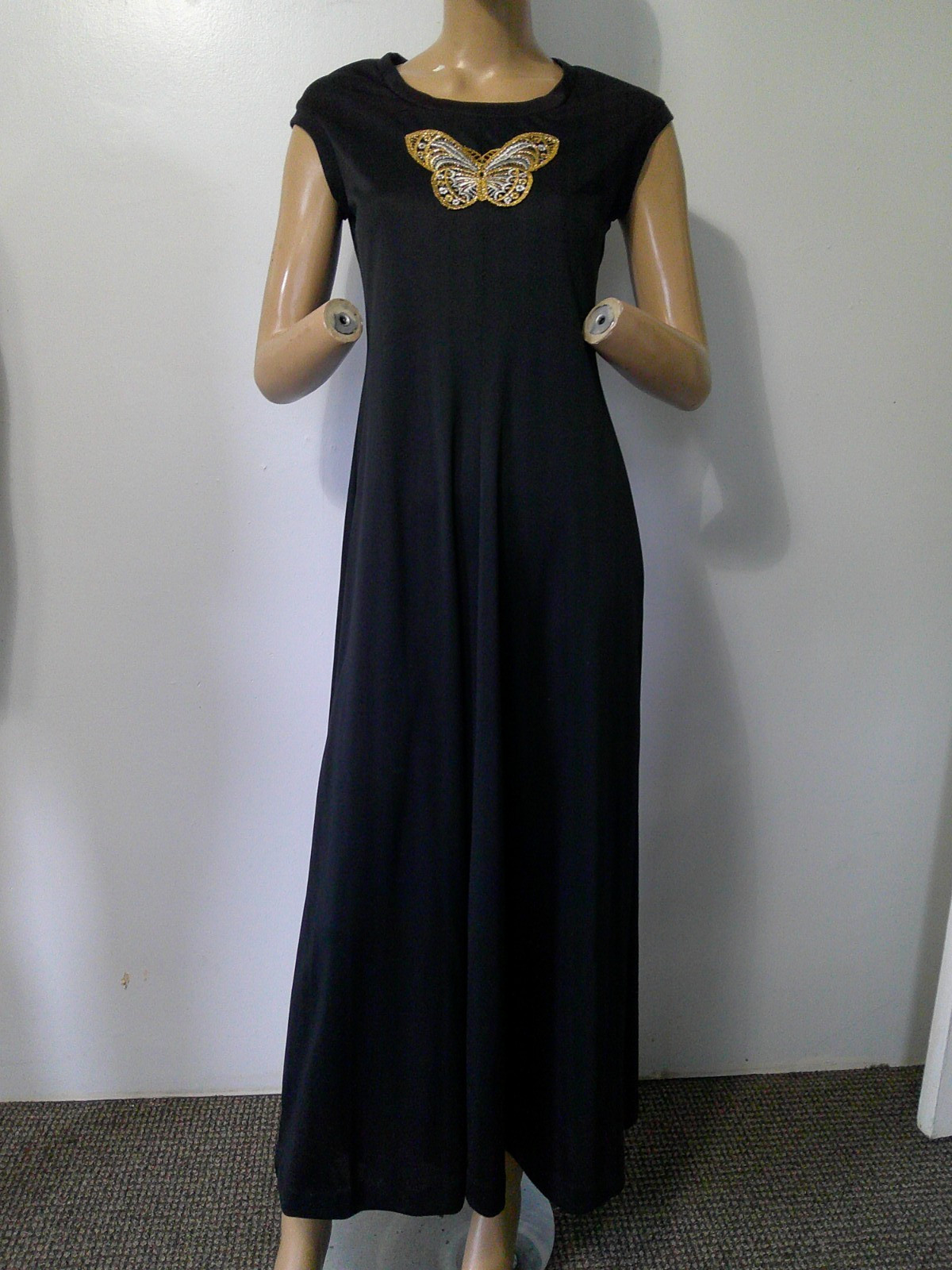 Vtg 70s Disco Slinky Poly Black Cap Sleeve Maxi Dress W Lg Butterfly Applique SM