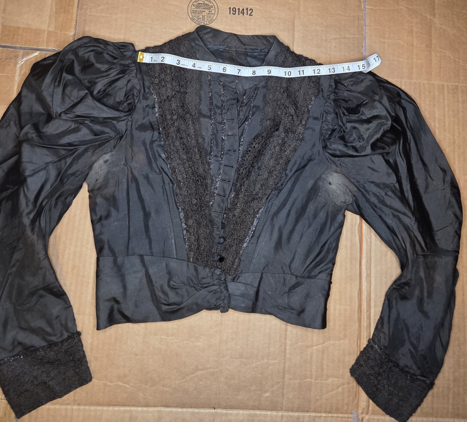 Black Victorian Silk Leg Of Mutton Sleeved Bodice With Lace & Glass Buttons READ