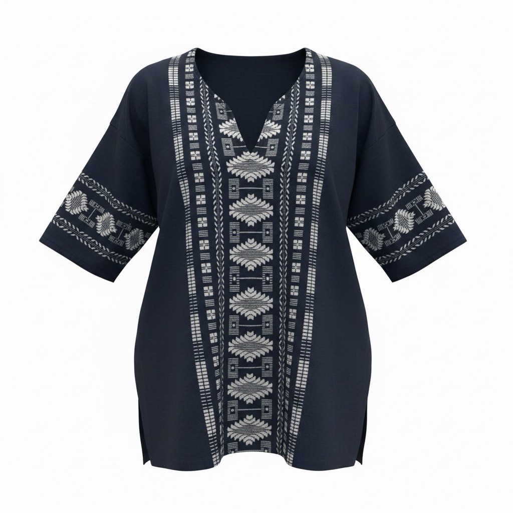 Guatemalan Women’s L White Embroidered Navy Top Boho Hippie