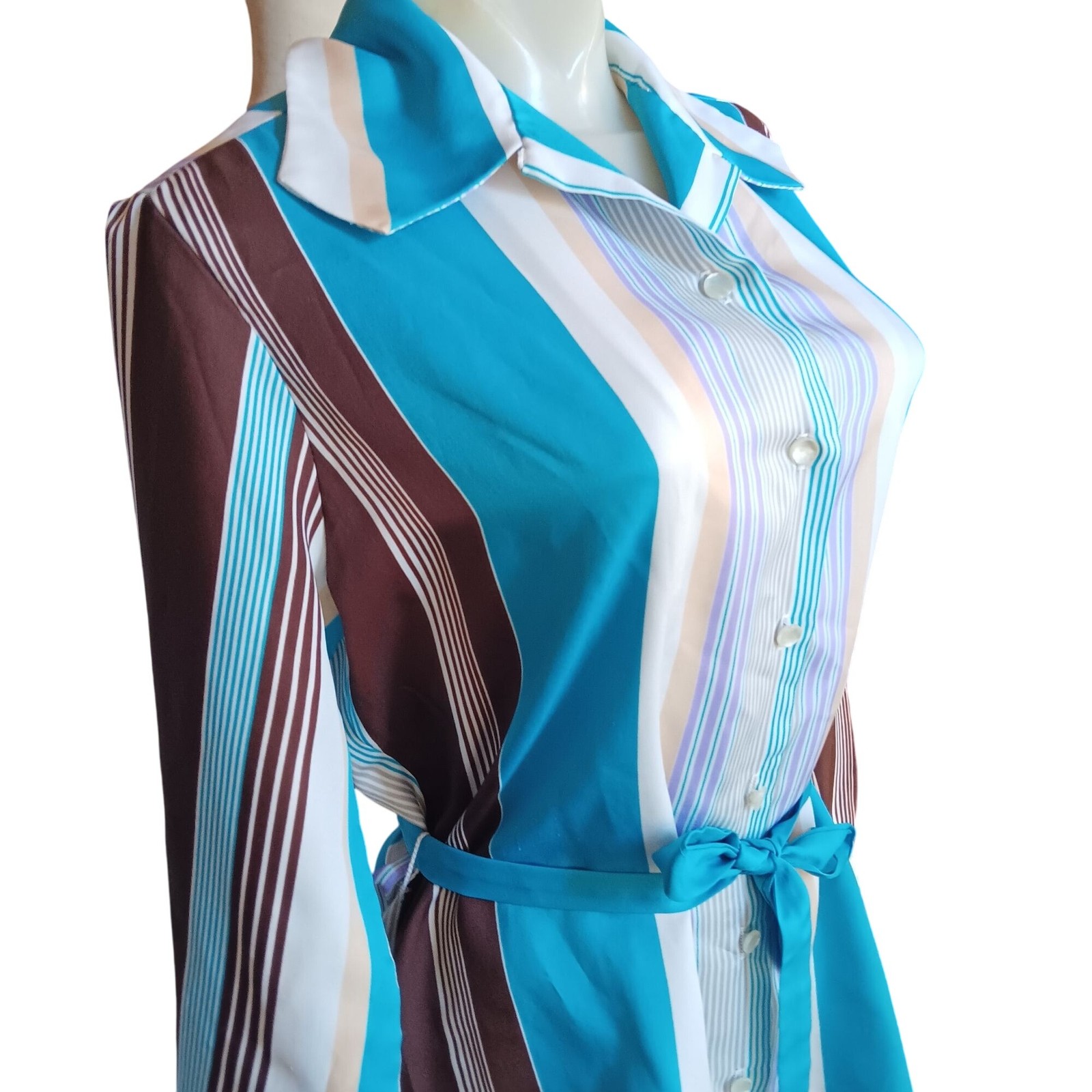 True Vintage Medium Belted Top 1970’s Graff Polyester Blue Brown Striped Brady