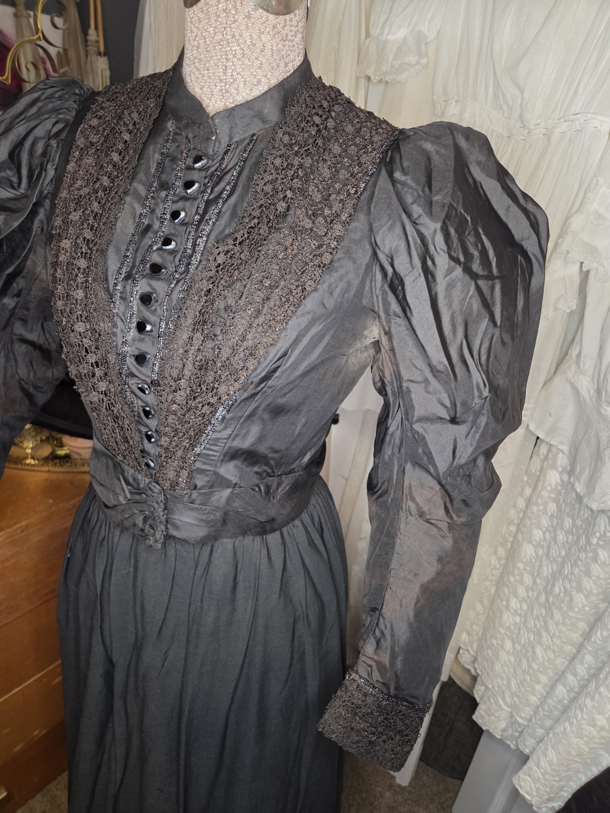 Black Victorian Silk Leg Of Mutton Sleeved Bodice With Lace & Glass Buttons READ