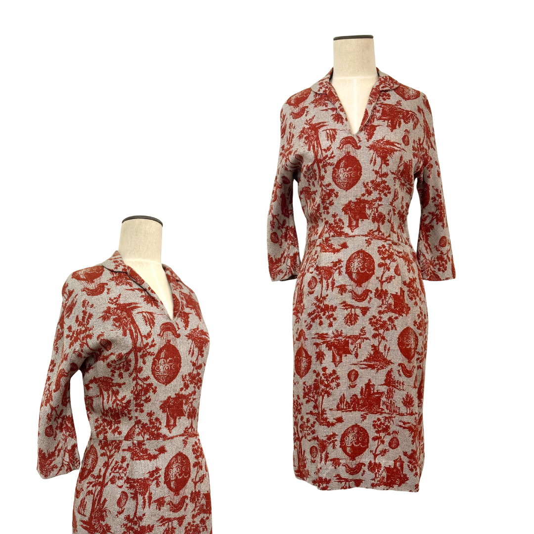 Vintage 1940s Westover New York Novelty Hot Air Balloon Toile Print Knit Dress