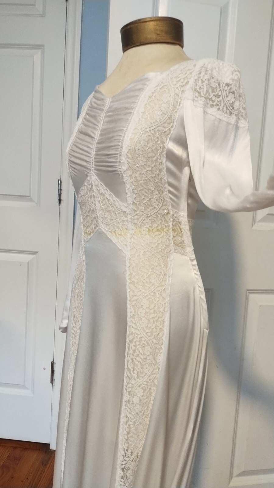 Vintage late 30’s early 40’s white liquid satin wedding gown/train, XS S US 4/6