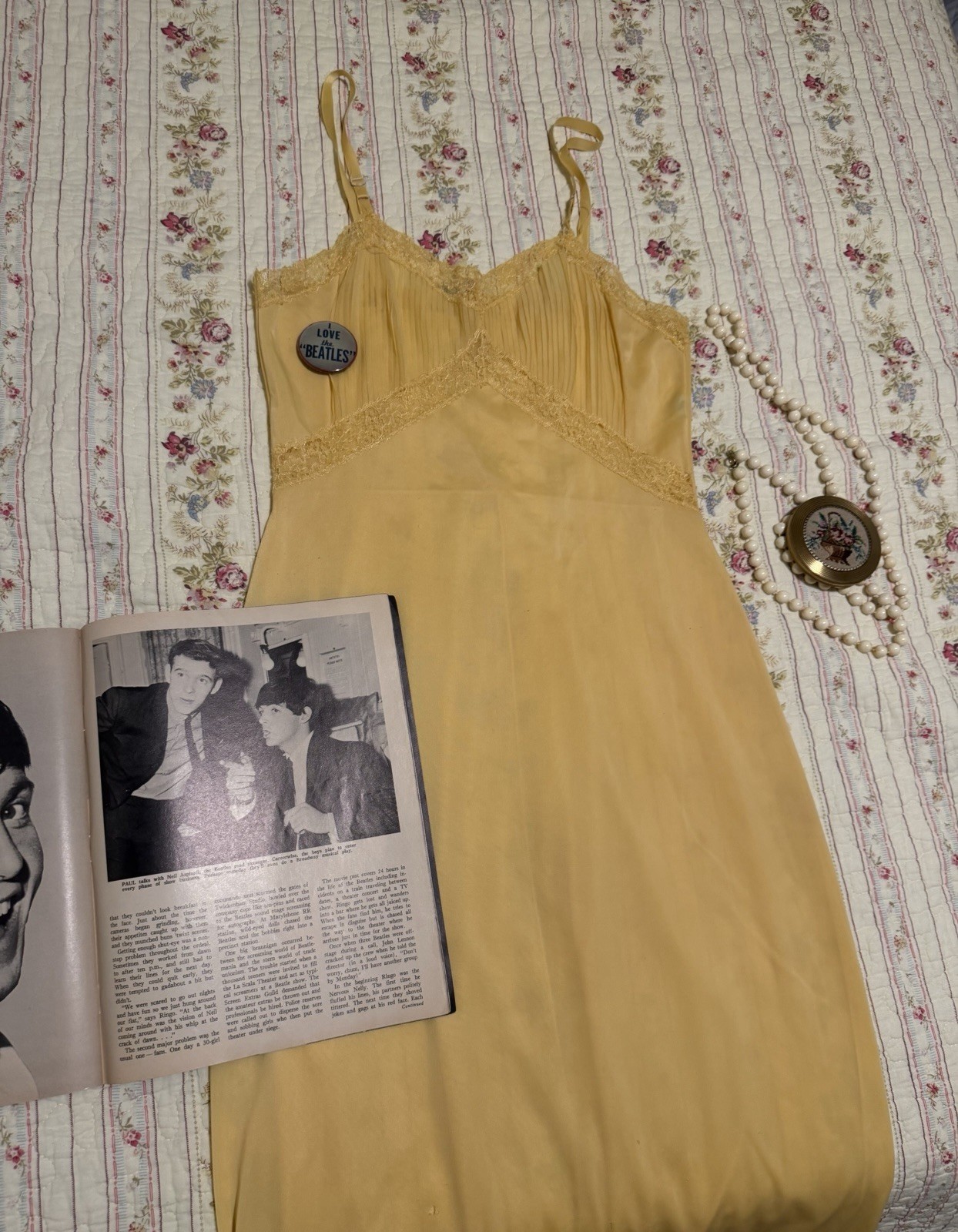 VTG 1950s Charmode Sears Yellow Nylon Tricot Pleated Slip Dress XXS XS Repair