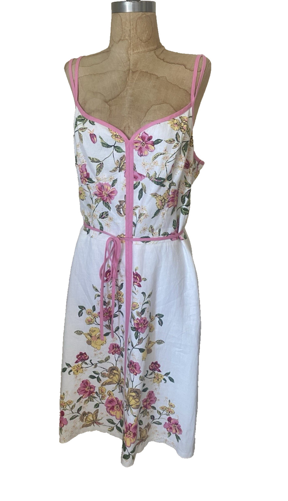 Y2K Ann Taylor White Linen Pink Floral Cottagecore Sun Dress Coastal Grandma 12
