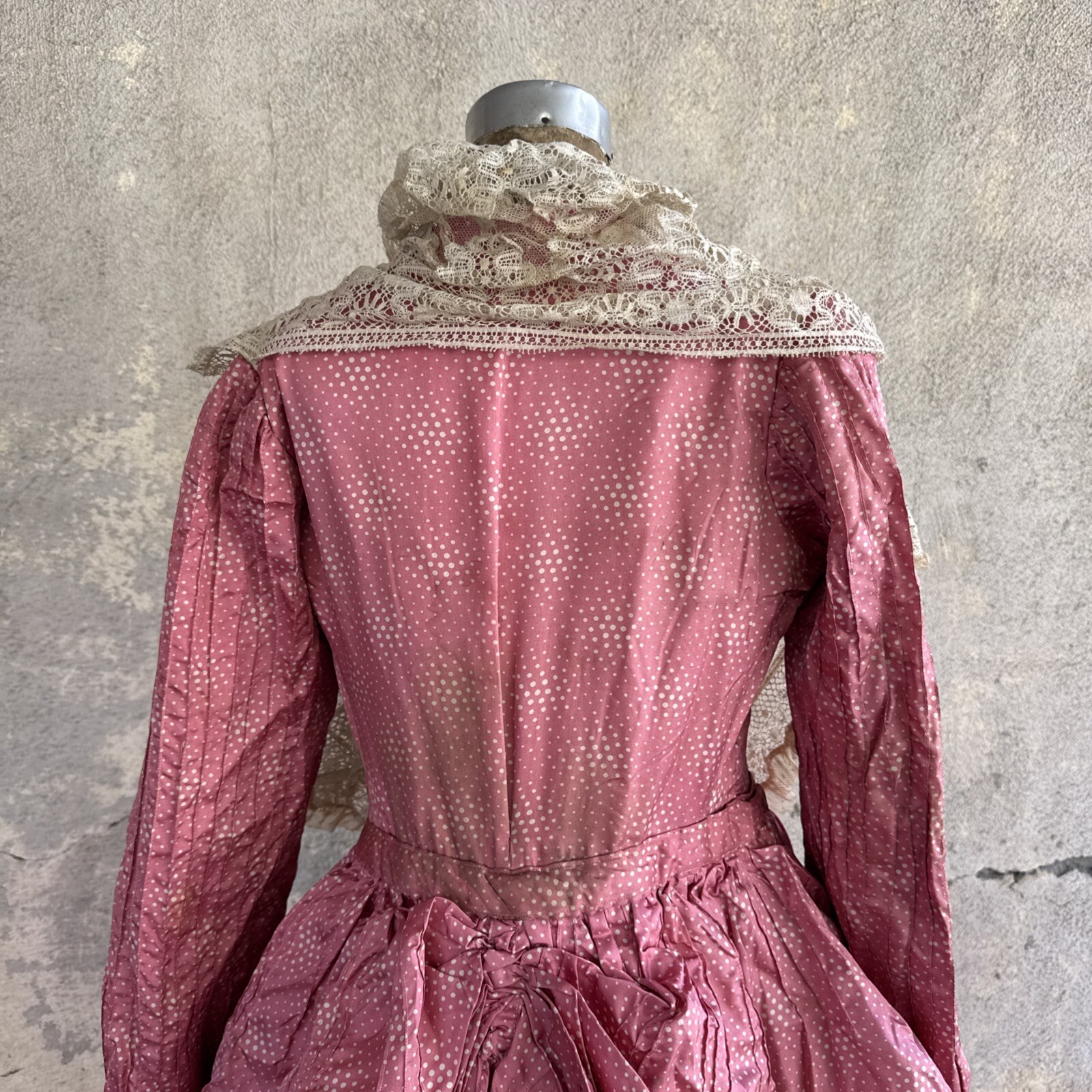Antique Victorian Pink Silk Dot Print Dress Side Bustle Gown Lace 1880s Vintage