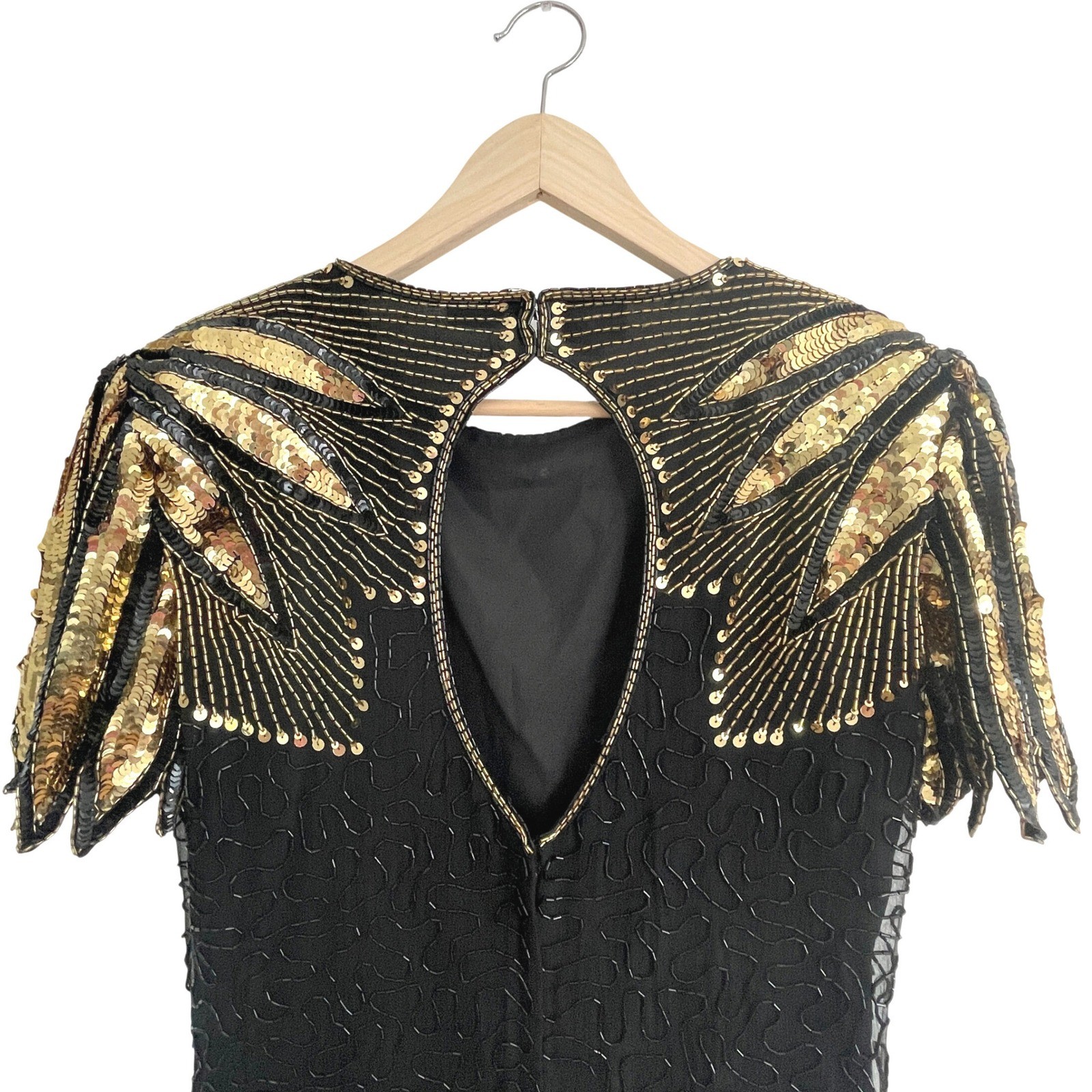 Vintage 80s Elite Black Gold Beaded Sequin Cocktail Dress Keyhole Back Size L
