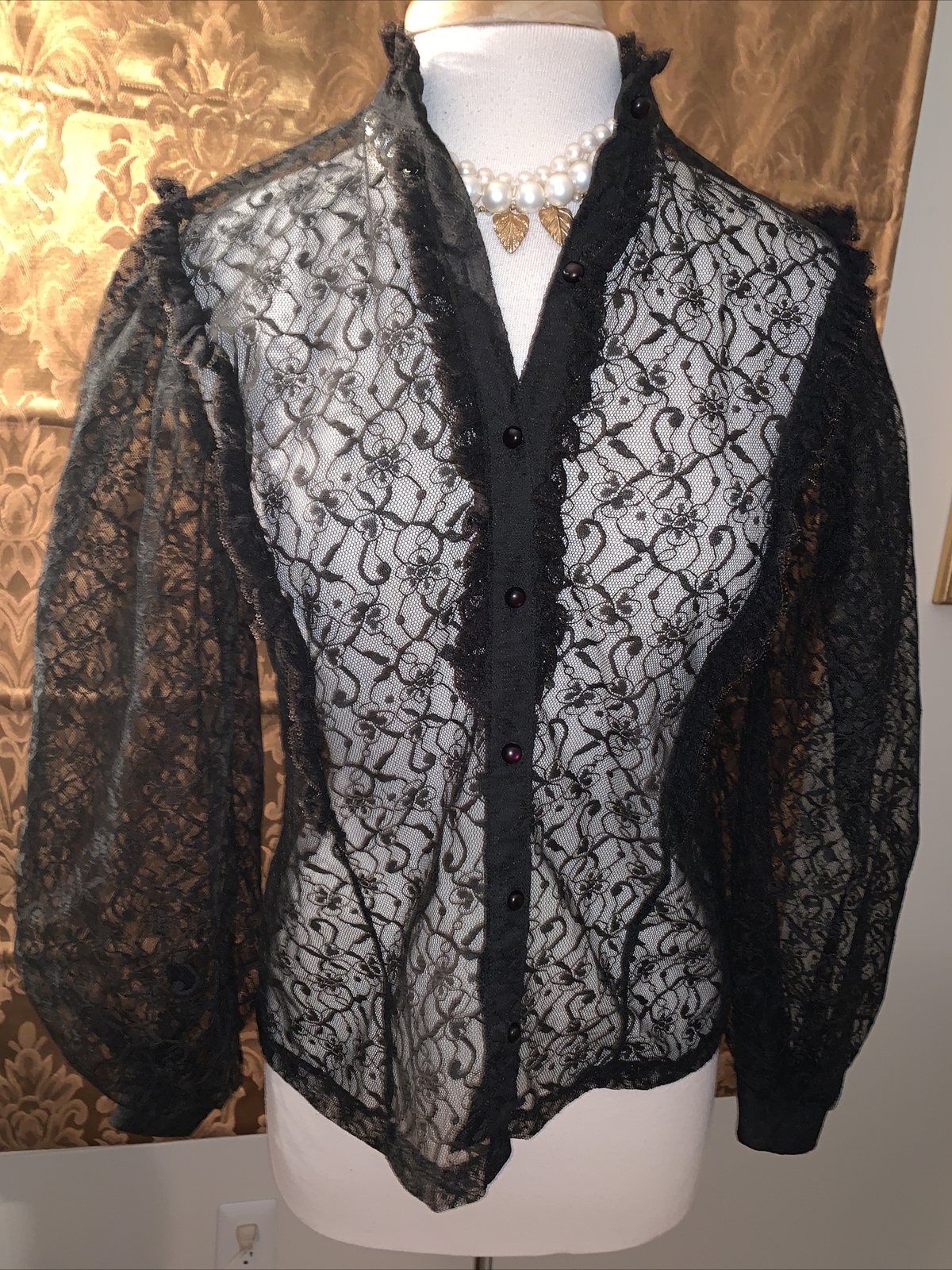1950 Lace Black Illusion Shirt Blouse Top HOLLYWOOD GLAM PIN UP SEXY Diva RARE