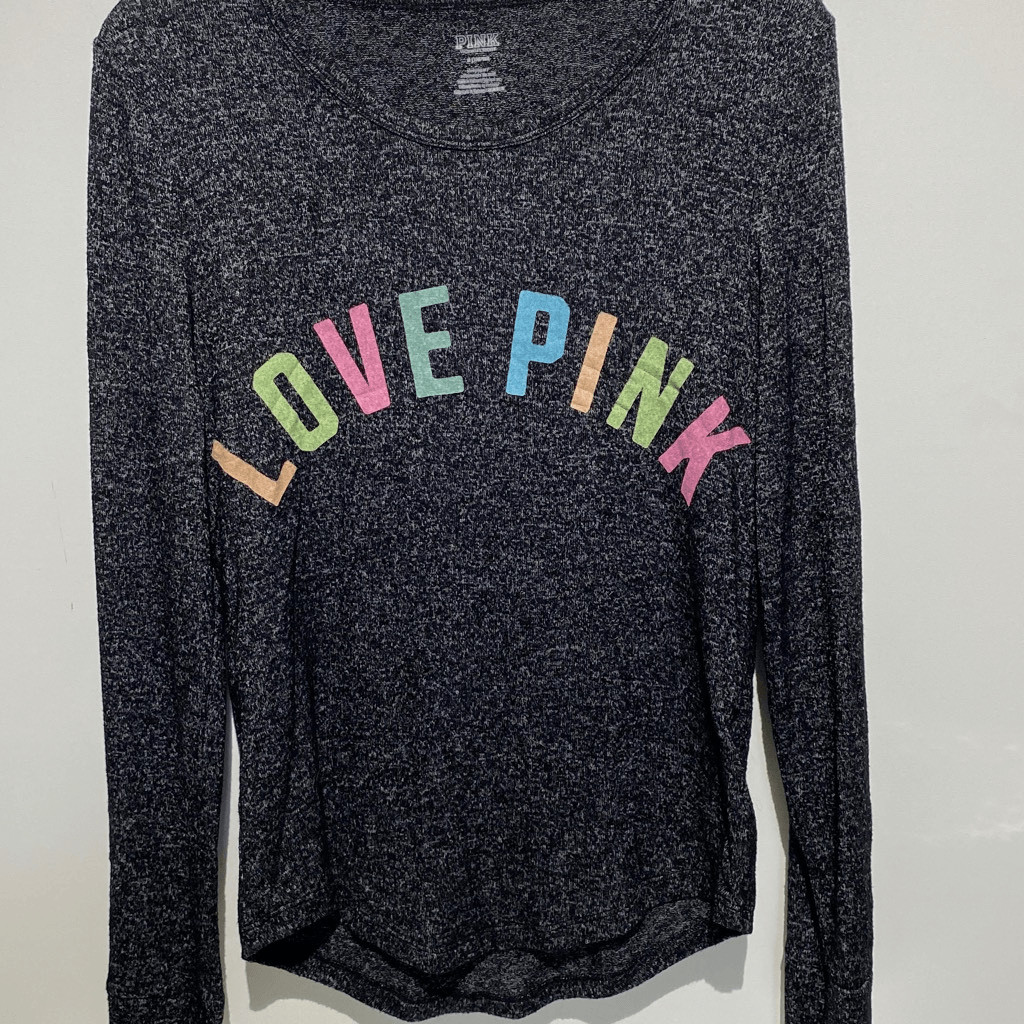 Pink Victoria’s Secret Women’s Love Pink Long Sleeves Gray Black Sleepwear Top M